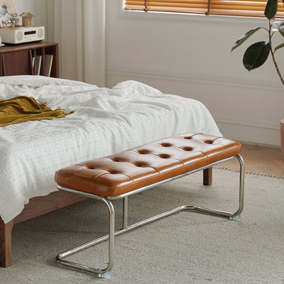 Traditional French Rectangle Geometry Leather Iron Bench Backless Armless For Entryway