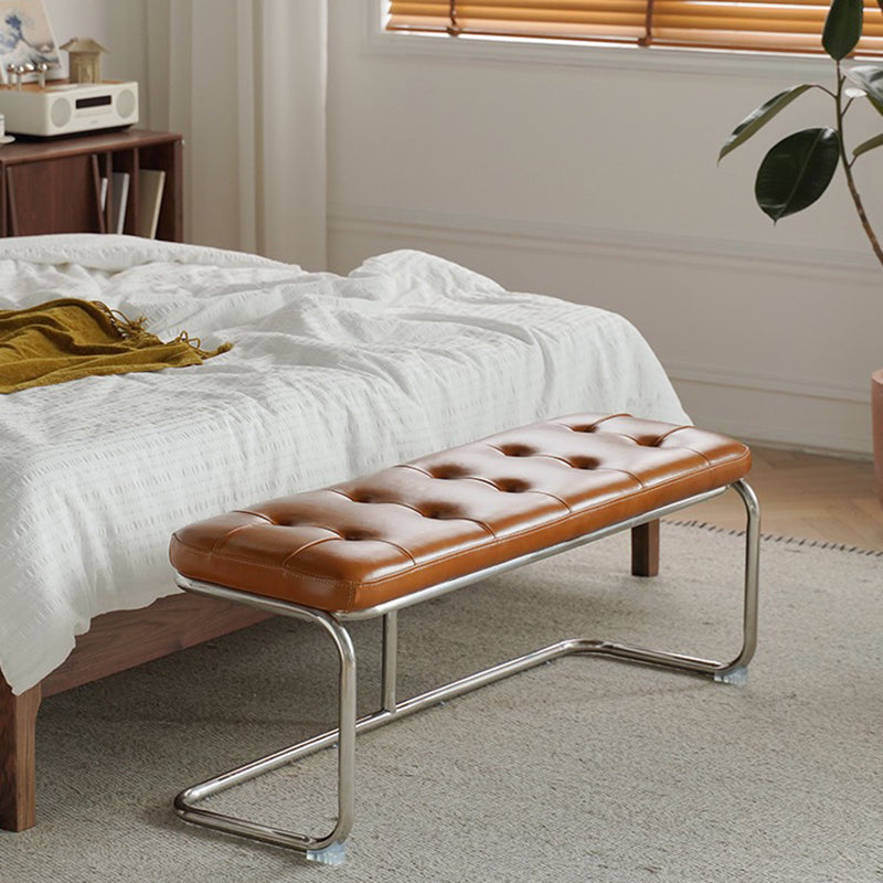 Traditional French Rectangle Geometry Leather Iron Bench Backless Armless For Entryway