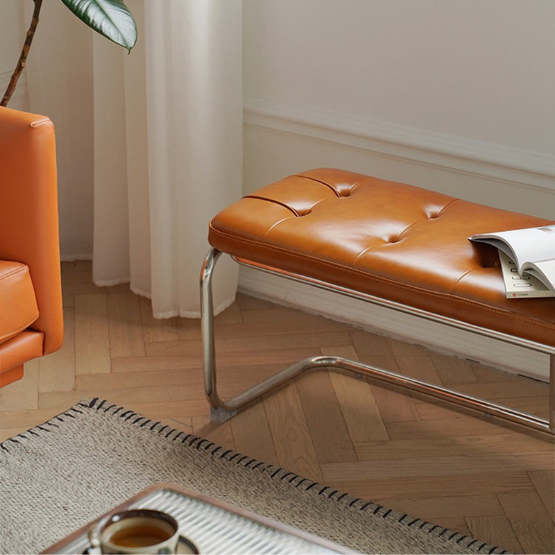 Traditional French Rectangle Geometry Leather Iron Bench Backless Armless For Entryway