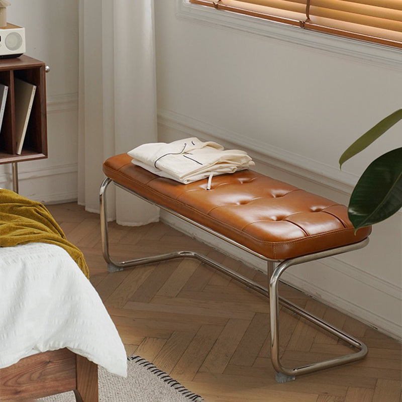 Traditional French Rectangle Geometry Leather Iron Bench Backless Armless For Entryway