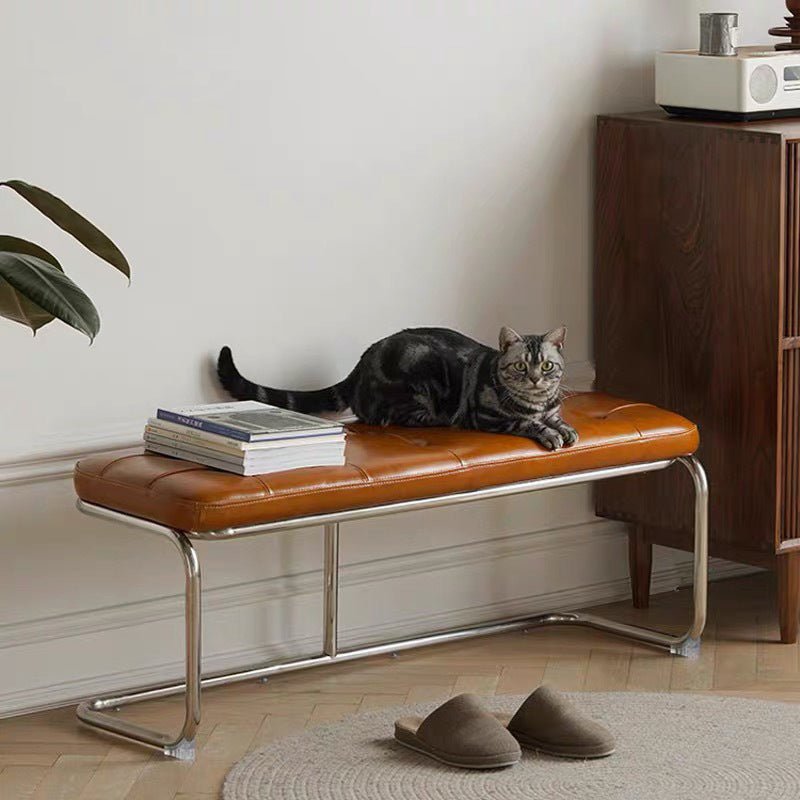 Traditional French Rectangle Geometry Leather Iron Bench Backless Armless For Entryway