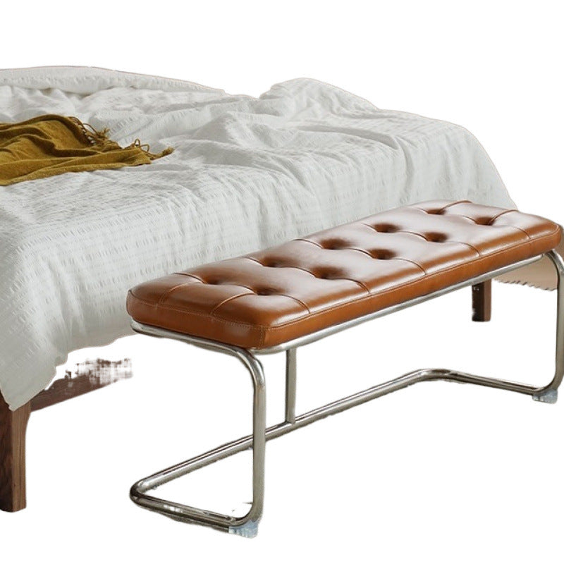 Traditional French Rectangle Geometry Leather Iron Bench Backless Armless For Entryway