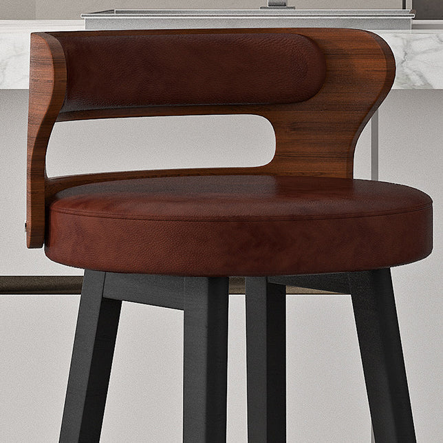 Tabouret de bar contemporain nordique en tissu rond cuir PU bois massif avec dossier sans accoudoirs pour salle à manger 