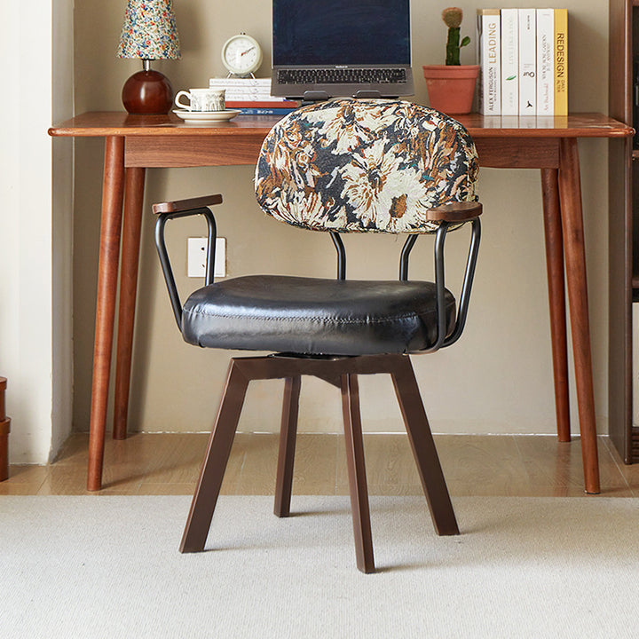 Silla de escritorio giratoria contemporánea retro de cuero PU y metal con girasol floral, respaldo y reposabrazos para estudio 
