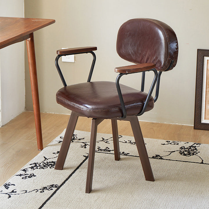 Silla de escritorio giratoria contemporánea retro de cuero PU y metal con girasol floral, respaldo y reposabrazos para estudio 