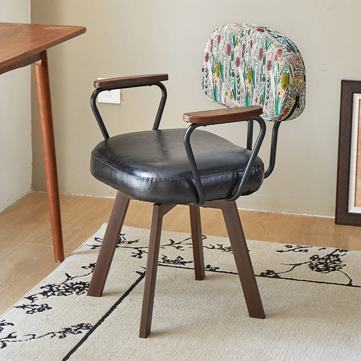 Silla de escritorio giratoria contemporánea retro de cuero PU y metal con girasol floral, respaldo y reposabrazos para estudio 