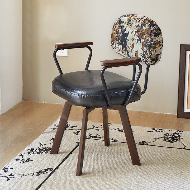 Silla de escritorio giratoria contemporánea retro de cuero PU y metal con girasol floral, respaldo y reposabrazos para estudio 