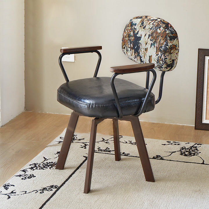 Silla de escritorio giratoria contemporánea retro de cuero PU y metal con girasol floral, respaldo y reposabrazos para estudio 