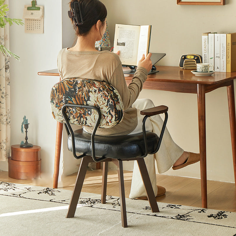 Silla de escritorio giratoria contemporánea retro de cuero PU y metal con girasol floral, respaldo y reposabrazos para estudio 