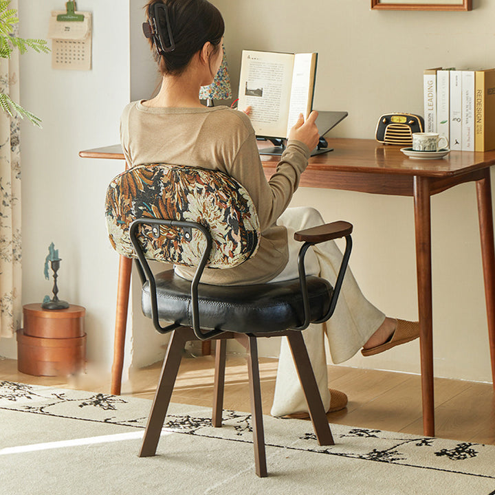 Silla de escritorio giratoria contemporánea retro de cuero PU y metal con girasol floral, respaldo y reposabrazos para estudio 
