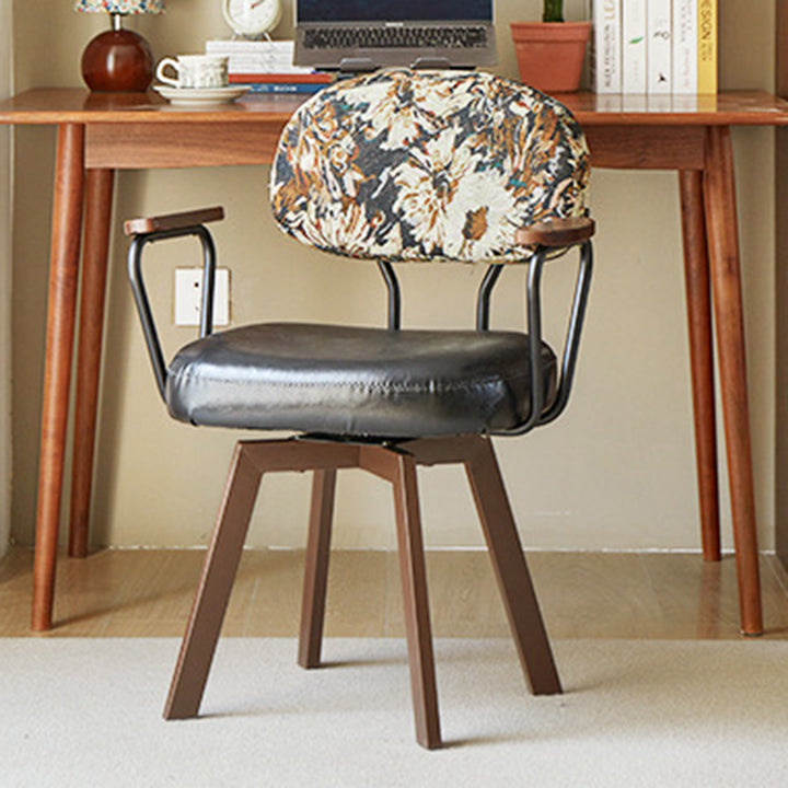 Silla de escritorio giratoria contemporánea retro de cuero PU y metal con girasol floral, respaldo y reposabrazos para estudio 