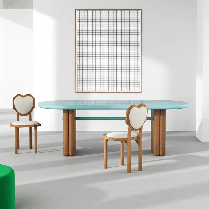 Silla de comedor sin brazos con respaldo de forma de corazón creativa contemporánea de lana de cordero, madera maciza y esponja para comedor 