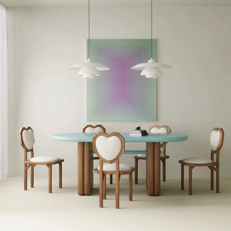 Silla de comedor sin brazos con respaldo de forma de corazón creativa contemporánea de lana de cordero, madera maciza y esponja para comedor 