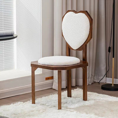 Silla de comedor sin brazos con respaldo de forma de corazón creativa contemporánea de lana de cordero, madera maciza y esponja para comedor 