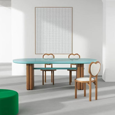 Silla de comedor sin brazos con respaldo de forma de corazón creativa contemporánea de lana de cordero, madera maciza y esponja para comedor 