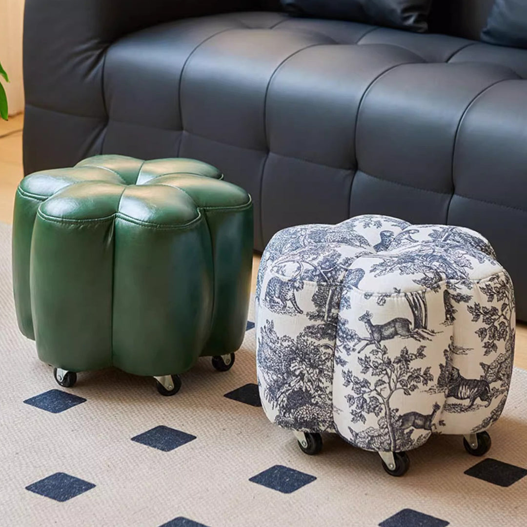 Reposapiés contemporáneo retro Flower Cube de algodón y lino, piel sintética encerada efecto aceite, pino y ruedas, sin respaldo ni brazos, para sala de estar 