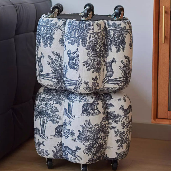 Reposapiés contemporáneo retro Flower Cube de algodón y lino, piel sintética encerada efecto aceite, pino y ruedas, sin respaldo ni brazos, para sala de estar 