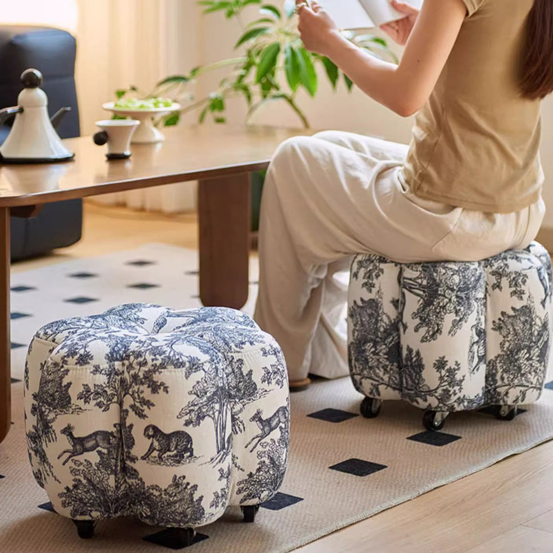 Reposapiés contemporáneo retro Flower Cube de algodón y lino, piel sintética encerada efecto aceite, pino y ruedas, sin respaldo ni brazos, para sala de estar 