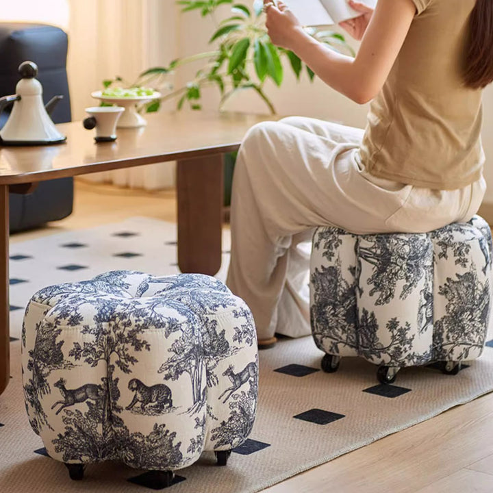 Reposapiés contemporáneo retro Flower Cube de algodón y lino, piel sintética encerada efecto aceite, pino y ruedas, sin respaldo ni brazos, para sala de estar 