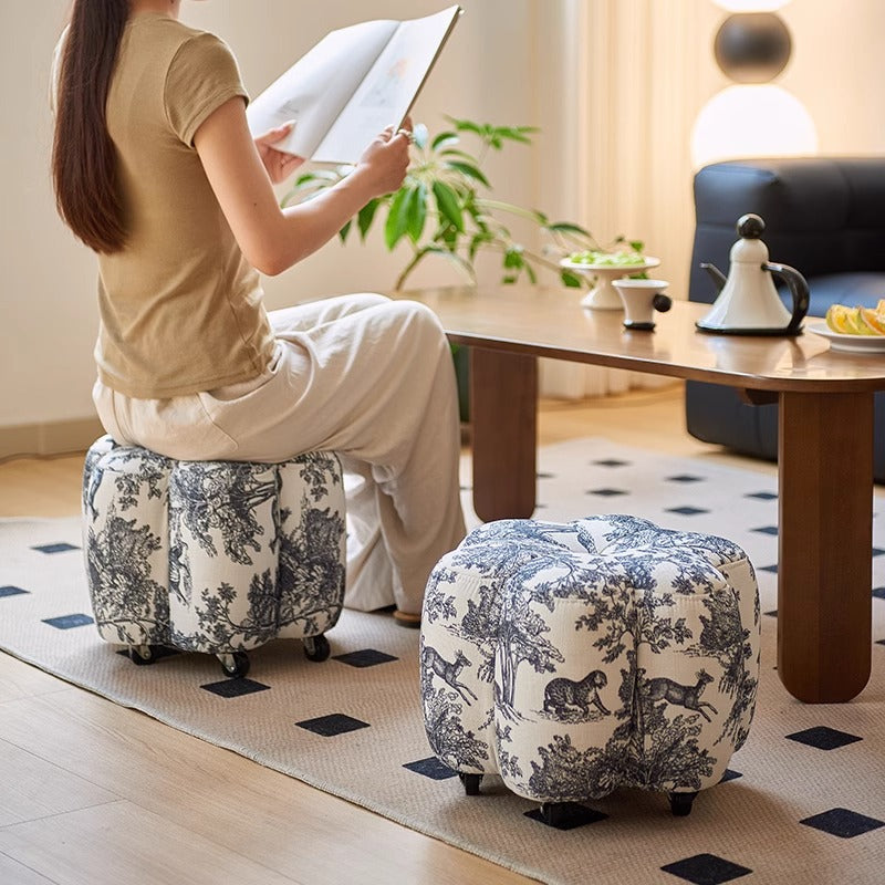 Reposapiés contemporáneo retro Flower Cube de algodón y lino, piel sintética encerada efecto aceite, pino y ruedas, sin respaldo ni brazos, para sala de estar 