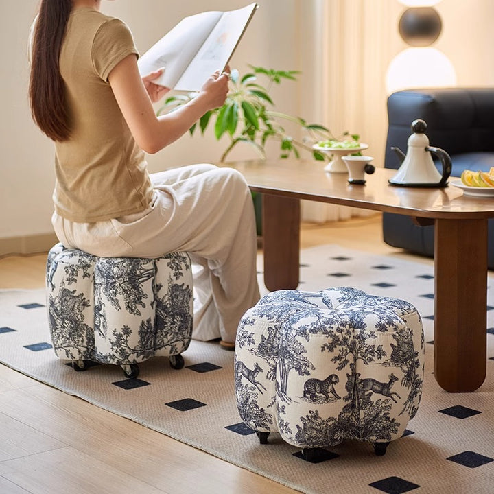Reposapiés contemporáneo retro Flower Cube de algodón y lino, piel sintética encerada efecto aceite, pino y ruedas, sin respaldo ni brazos, para sala de estar 
