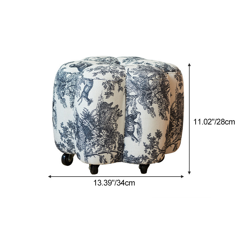 Reposapiés contemporáneo retro Flower Cube de algodón y lino, piel sintética encerada efecto aceite, pino y ruedas, sin respaldo ni brazos, para sala de estar 