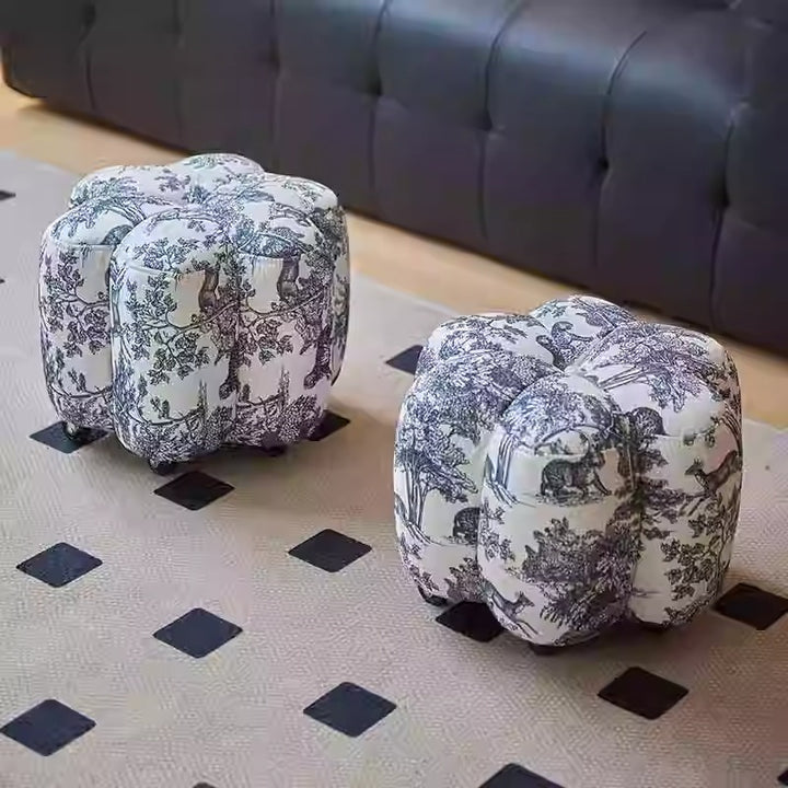 Reposapiés contemporáneo retro Flower Cube de algodón y lino, piel sintética encerada efecto aceite, pino y ruedas, sin respaldo ni brazos, para sala de estar 