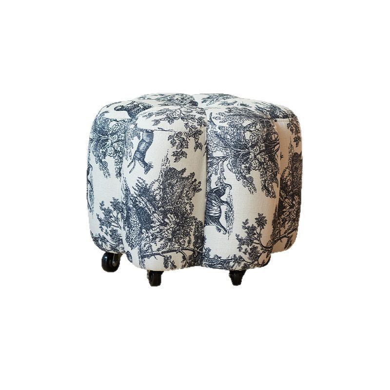 Reposapiés contemporáneo retro Flower Cube de algodón y lino, piel sintética encerada efecto aceite, pino y ruedas, sin respaldo ni brazos, para sala de estar 