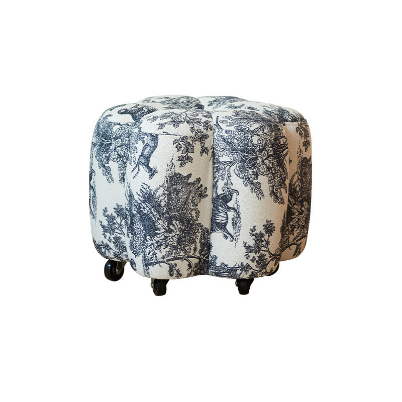 Reposapiés contemporáneo retro Flower Cube de algodón y lino, piel sintética encerada efecto aceite, pino y ruedas, sin respaldo ni brazos, para sala de estar 