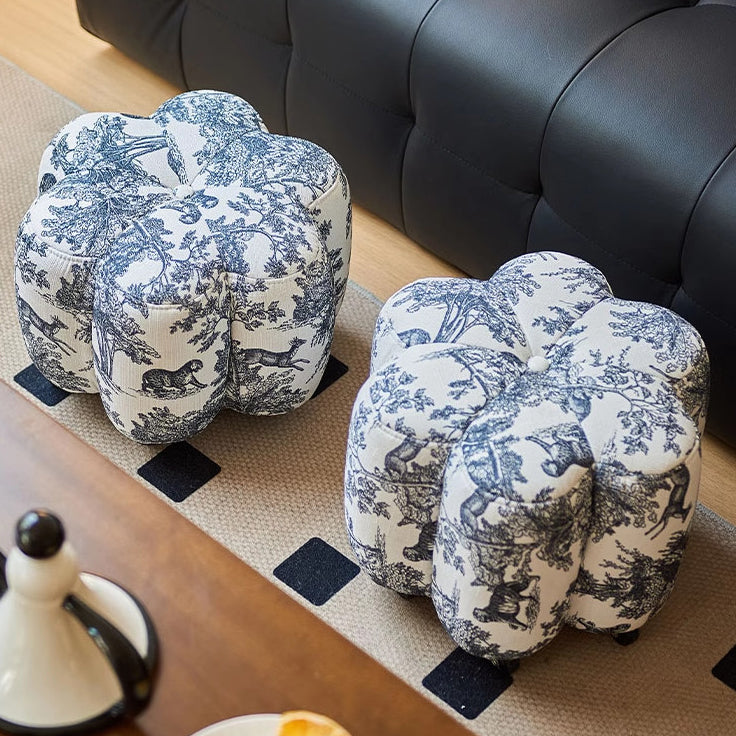 Reposapiés contemporáneo retro Flower Cube de algodón y lino, piel sintética encerada efecto aceite, pino y ruedas, sin respaldo ni brazos, para sala de estar 