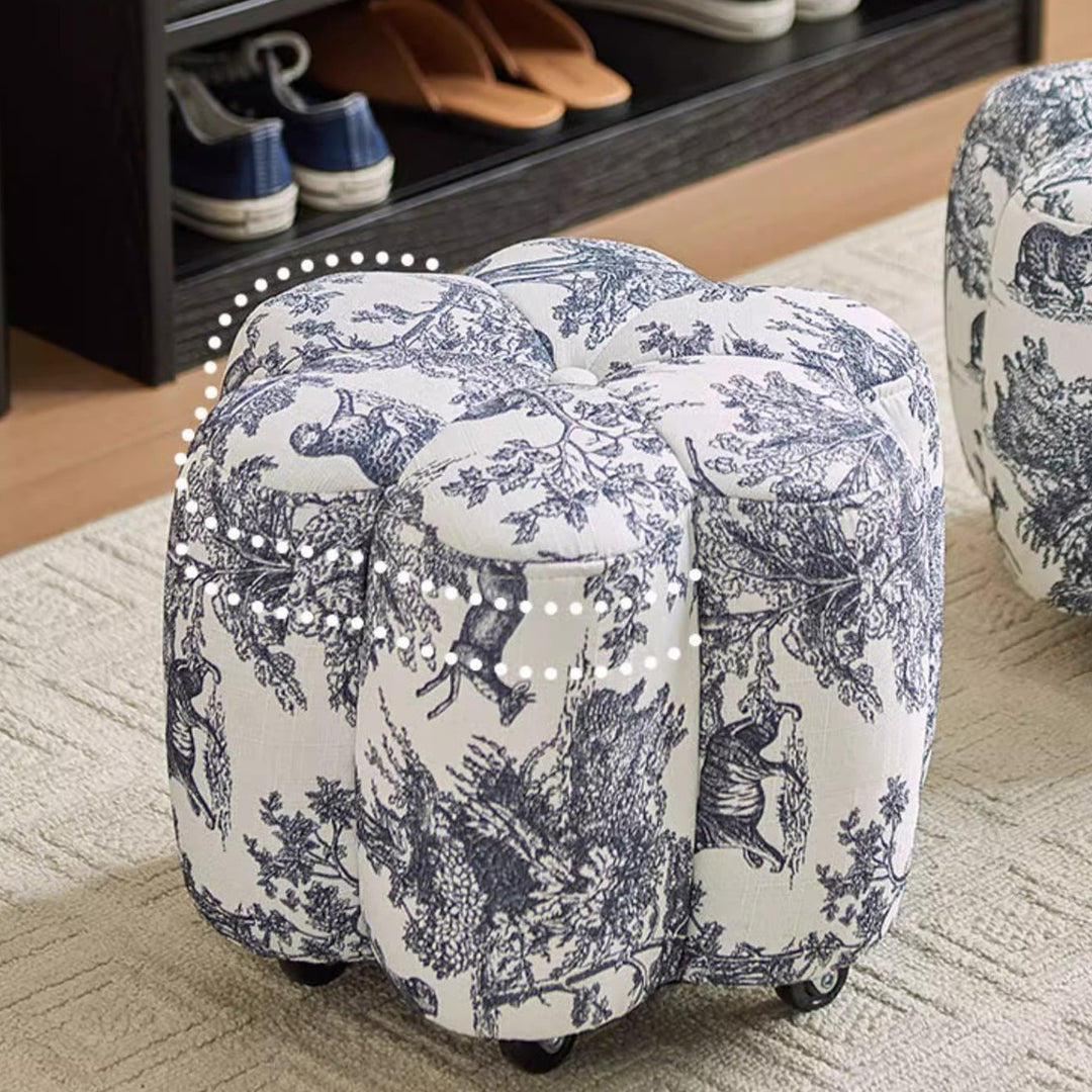 Reposapiés contemporáneo retro Flower Cube de algodón y lino, piel sintética encerada efecto aceite, pino y ruedas, sin respaldo ni brazos, para sala de estar 