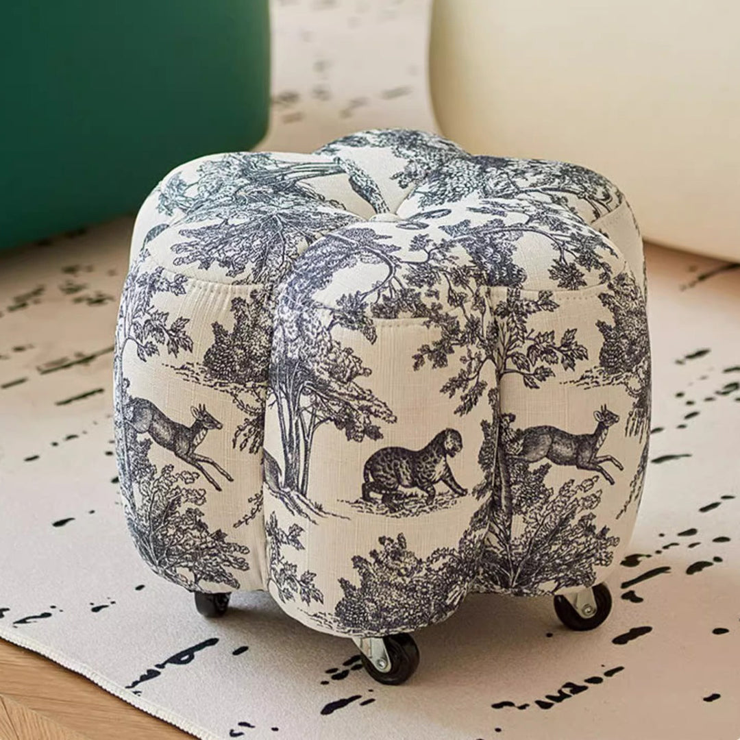 Reposapiés contemporáneo retro Flower Cube de algodón y lino, piel sintética encerada efecto aceite, pino y ruedas, sin respaldo ni brazos, para sala de estar 