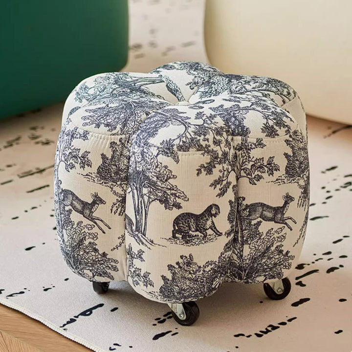 Reposapiés contemporáneo retro Flower Cube de algodón y lino, piel sintética encerada efecto aceite, pino y ruedas, sin respaldo ni brazos, para sala de estar 