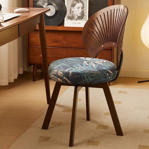 Traditional French Shell Round Cotton Linen Carbon Steel Swivel Dining Chair Backrest Armless For Dining Room