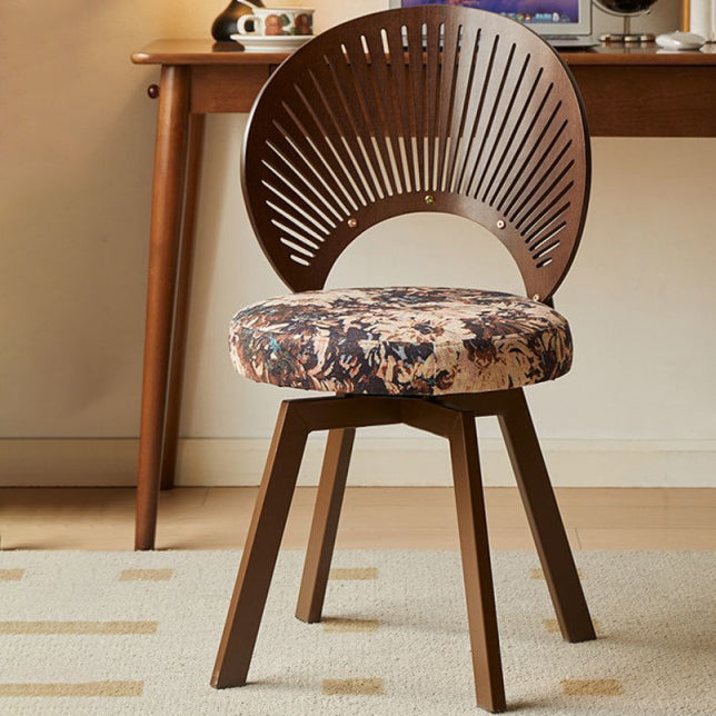 Silla de comedor giratoria sin brazos con respaldo de madera maciza de lino de algodón redonda con concha tradicional francesa para comedor 