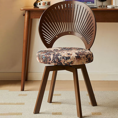 Silla de comedor giratoria sin brazos con respaldo de madera maciza de lino de algodón redonda con concha tradicional francesa para comedor 