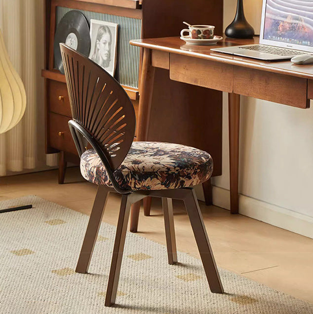 Silla de comedor giratoria sin brazos con respaldo de madera maciza de lino de algodón redonda con concha tradicional francesa para comedor 