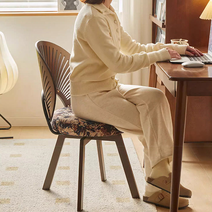 Silla de comedor giratoria sin brazos con respaldo de madera maciza de lino de algodón redonda con concha tradicional francesa para comedor 