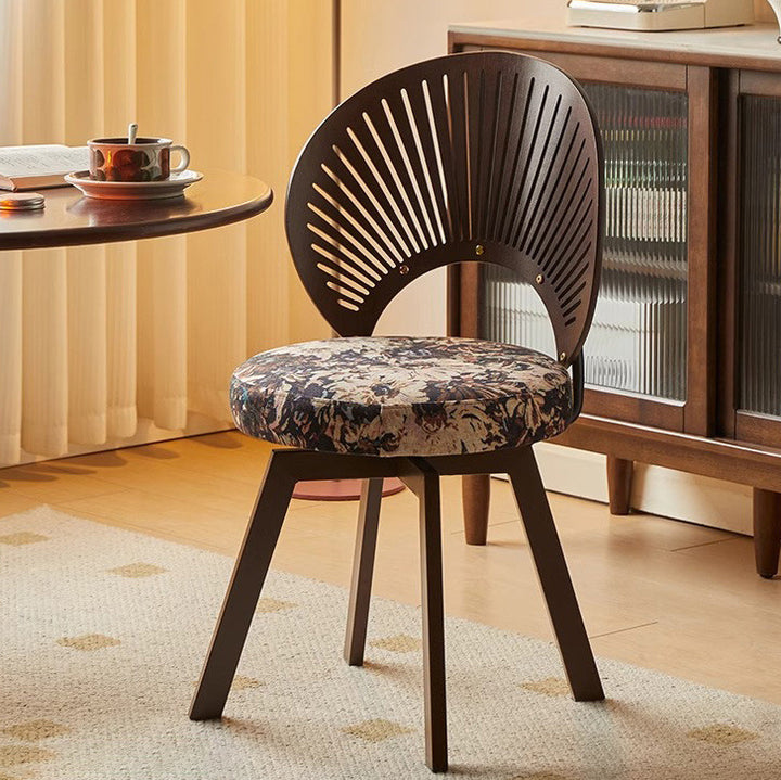 Traditional French Shell Round Cotton Linen Carbon Steel Swivel Dining Chair Backrest Armless For Dining Room
