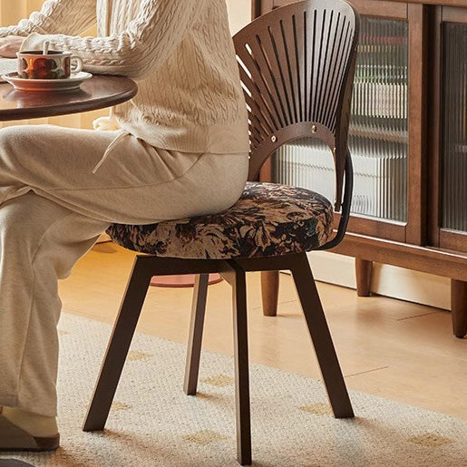 Silla de comedor giratoria sin brazos con respaldo de madera maciza de lino de algodón redonda con concha tradicional francesa para comedor 