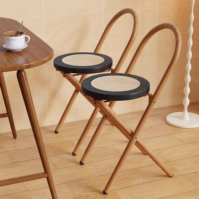 Silla de comedor plegable sin respaldo con respaldo de hierro de madera de ratán redonda japonesa tradicional para comedor 