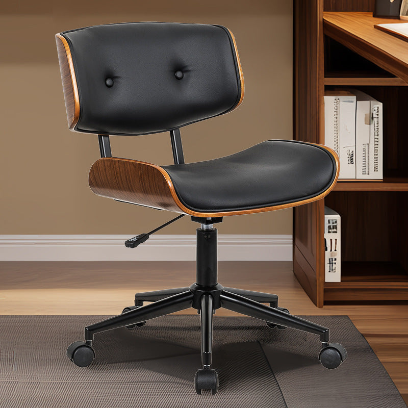 Contemporánea Silla de Escritorio Giratoria Cuadrada de Cuero y Madera Maciza Respaldo Sin Brazos Para Estudio 