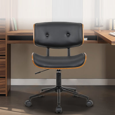 Contemporánea Silla de Escritorio Giratoria Cuadrada de Cuero y Madera Maciza Respaldo Sin Brazos Para Estudio 