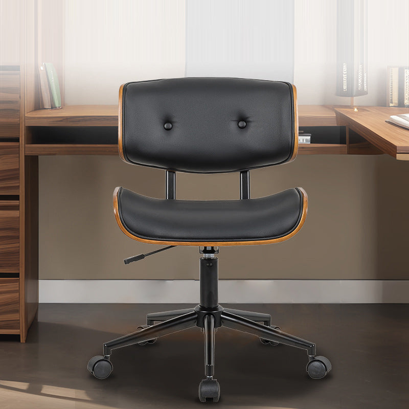 Contemporánea Silla de Escritorio Giratoria Cuadrada de Cuero y Madera Maciza Respaldo Sin Brazos Para Estudio 