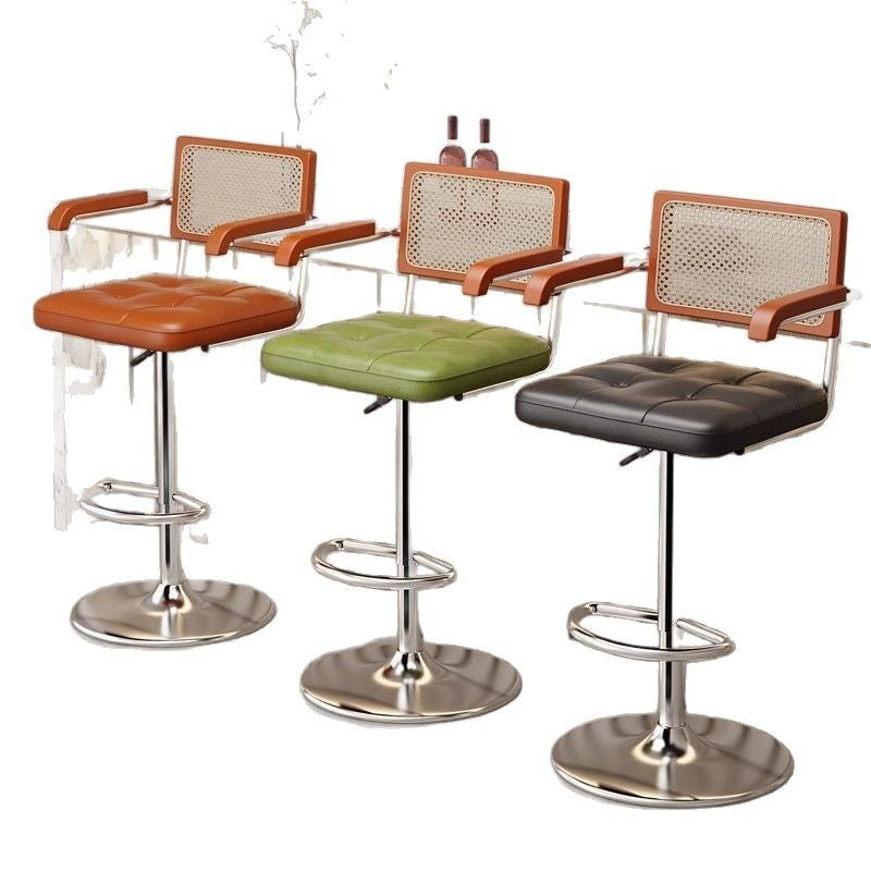 Tabouret de bar contemporain en cuir carré nordique en rotin PP en acier inoxydable avec dossier et accoudoirs pour salle à manger 