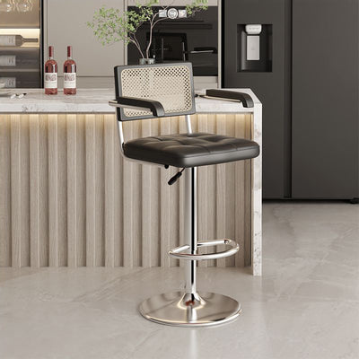 Tabouret de bar contemporain en cuir carré nordique en rotin PP en acier inoxydable avec dossier et accoudoirs pour salle à manger 
