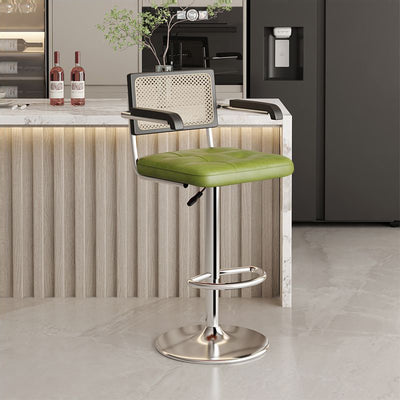 Tabouret de bar contemporain en cuir carré nordique en rotin PP en acier inoxydable avec dossier et accoudoirs pour salle à manger 