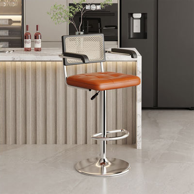 Tabouret de bar contemporain en cuir carré nordique en rotin PP en acier inoxydable avec dossier et accoudoirs pour salle à manger 