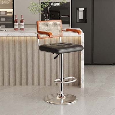 Tabouret de bar contemporain en cuir carré nordique en rotin PP en acier inoxydable avec dossier et accoudoirs pour salle à manger 