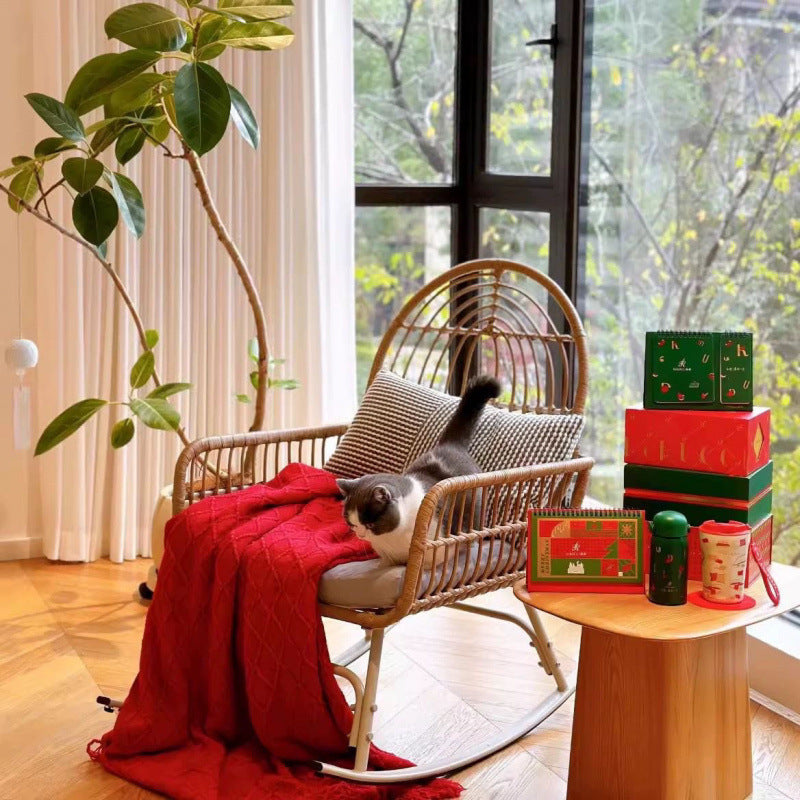 Zeitgenössischer Boho-Stoff Stahllegierung PE Rattan Webstuhl Schaukelstuhl Rückenlehne Armlehne für Wohnzimmer 